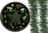 Kunststof kerstballen - 33x st - met 2x slingers en ster piek -donkergroen