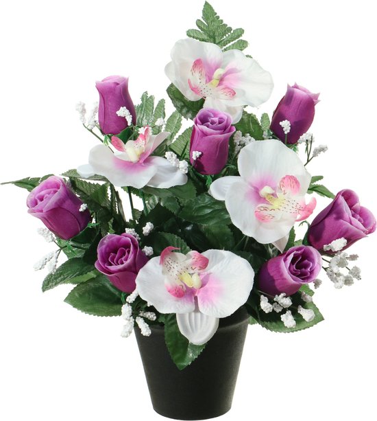 Louis Maes Fleurs artificielles en pot - blanc/violet - 28 cm - Décoration florale - violet/vert feuille
