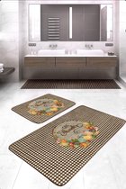 Badmat antislip 2 stuk set - 60x100 & 50x60 - Wc mat - Toiletmat - Bruine geruit - Deurmat - De Groen Home