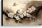 Canvas - Tekening van Vogels Vliegend bij Tak met Bloemen - 60x40 cm Foto op Canvas Schilderij (Wanddecoratie op Canvas)