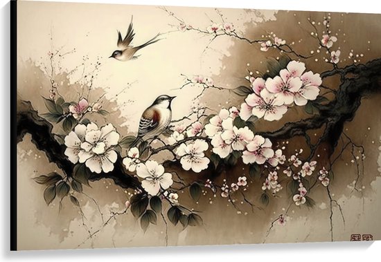 Canvas - Tekening van Vogels Vliegend bij Tak met Bloemen - 120x80 cm Foto op Canvas Schilderij (Wanddecoratie op Canvas)