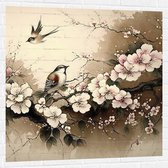 Muursticker - Tekening van Vogels Vliegend bij Tak met Bloemen - 100x100 cm Foto op Muursticker