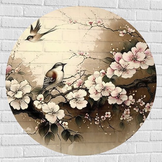 Muursticker Cirkel - Tekening van Vogels Vliegend bij Tak met Bloemen - 100x100 cm Foto op Muursticker