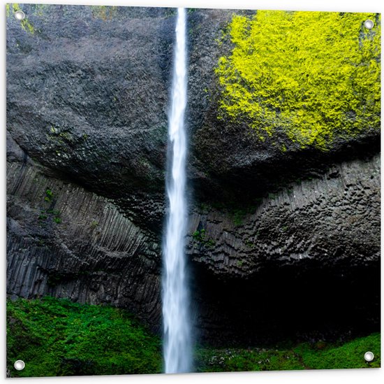 Tuinposter – Berg - Water - Waterval - Kleuren - Bomen - 80x80 cm Foto op Tuinposter (wanddecoratie voor buiten en binnen)