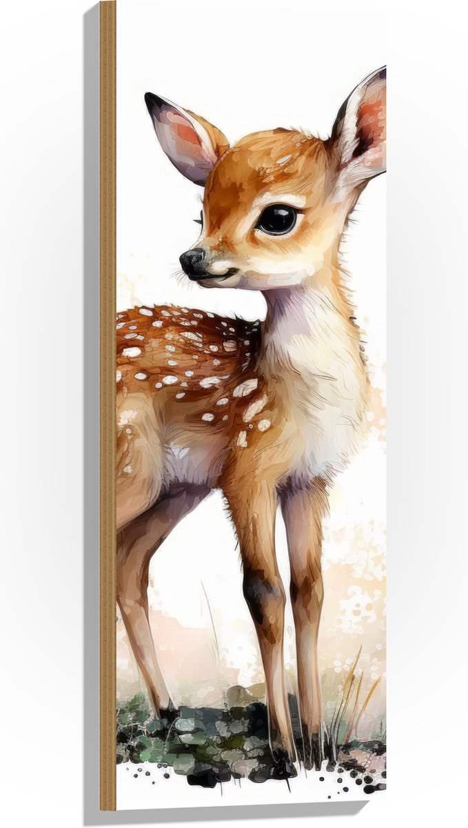 Hout - Tekening van Opzijkijkend Baby Hertje - 30x90 cm - 9 mm dik - Foto op Hout (Met Ophangsysteem)