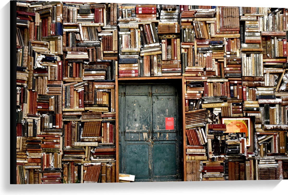 Canvas - Deur in Boekenkast - 90x60 cm Foto op Canvas Schilderij (Wanddecoratie op Canvas)