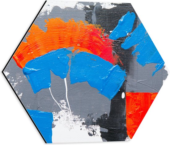 Dibond Hexagon - Oranje, Rode Blauwe en Grijze Verfvlekken op Witte Achtergrond - 40x34.8 cm Foto op Hexagon (Met Ophangsysteem)
