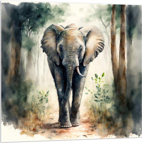 Acrylglas - Tekening van Olifant Lopend door het Bos - 100x100 cm Foto op Acrylglas (Met Ophangsysteem)