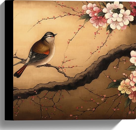 Canvas - Tekening van Vogeltje op Tak met Roze Bloemen - 30x30 cm Foto op Canvas Schilderij (Wanddecoratie op Canvas)