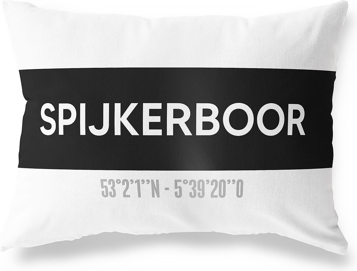 Tuinkussen SPIJKERBOOR - NOORD-HOLLAND met coördinaten - Buitenkussen - Bootkussen - Weerbestendig - Jouw Plaats - Studio216 - Modern - Zwart-Wit - 50x30cm
