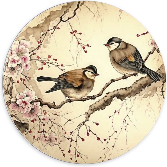 Ronde muurcirkel met een illustratie van twee koolmeesjes op een tak omringd door delicate roze bloesems op beige achtergrond.