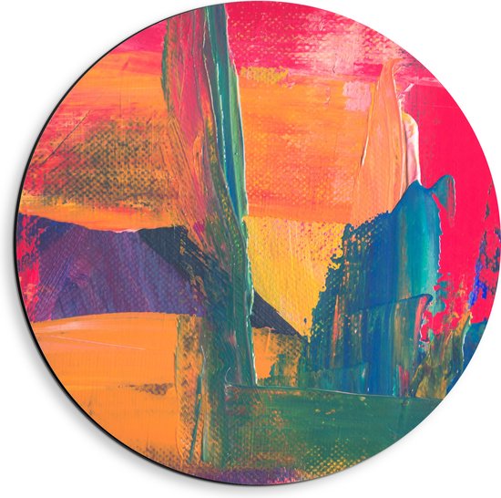 Dibond Muurcirkel - Abstract Kunstwerk in Oranje, Blauwe en Roze Tinten - 40x40 cm Foto op Aluminium Muurcirkel (met ophangsysteem)