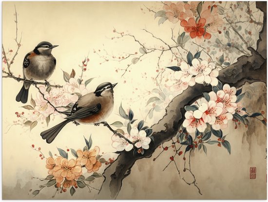 Poster Glanzend – Tekening van Tak met Vogels en Bloemen - 40x30 cm Foto op Posterpapier met Glanzende Afwerking