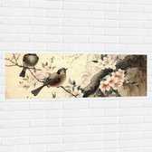 Muursticker - Tekening van Tak met Vogels en Bloemen - 120x40 cm Foto op Muursticker
