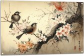 Tuinposter – Tekening van Tak met Vogels en Bloemen - 105x70 cm Foto op Tuinposter (wanddecoratie voor buiten en binnen)