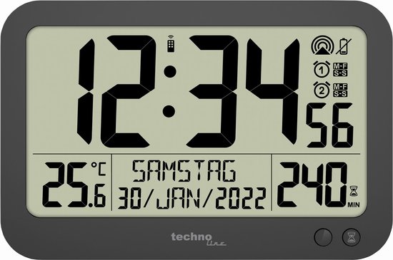 Technoline WS 8026 - Horloge murale - Numérique - Rectangle - Affichage de l'heure radio-pilotée - 12/24 - Affichage de la date - Température intérieure - 2 alarmes - Plastique - Chiffres - Grijs