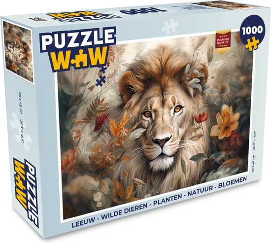 Boîte de puzzle de 1000 pièces représentant un lion avec une crinière dans un environnement fleuri.