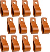 Buffel&Co Leren Handgrepen – Meubelgreep – Handvaten Kast – Keukengreep – Ladegreep – Leren Lus – Incl. sierschroeven goud - Set van 12 – 100% Buffel Leer - Cognac