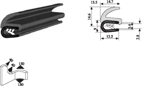 Foto: Vrr u profiel klemprofiel rubber randbescherming 1 5 4 mm met lip 022 per 5 10 of 50 meter