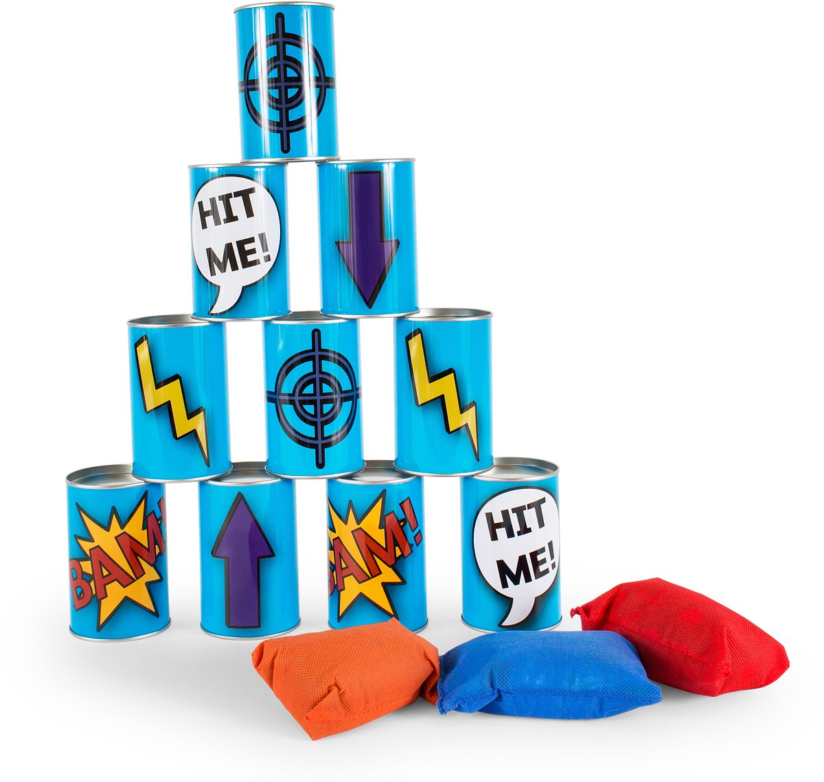 BS Toys Blikgooien Werpspel - Pittenzak Gooien - Kinderspeelgoed vanaf 3 Jaar - Buitenspeelgoed - 10 Blikken - Blauw