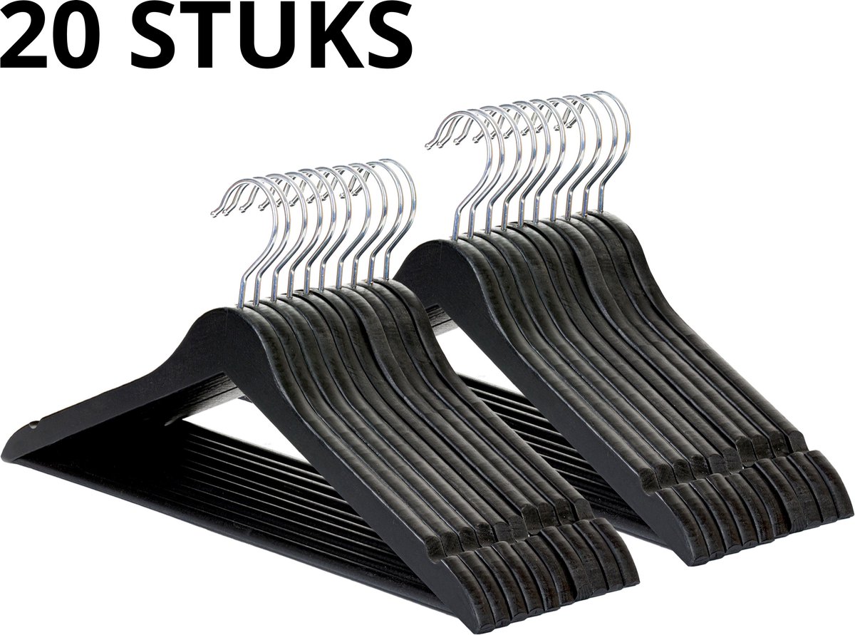 Wicotex-Kledinghanger – SET 20 stuks - houten-kleerhanger, met rok inkepingen en broekspijpen, draaibare haak, Dames en heren kleding - ZWART