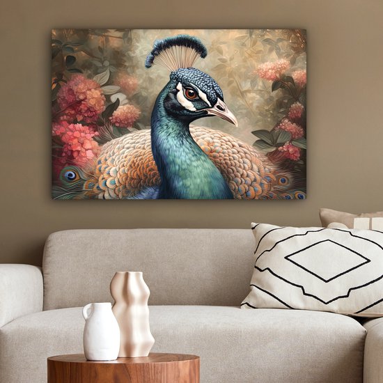 Peinture sur toile 90x60 cm - Décoration murale Paon - Vogel - Fleurs - Plantes - Plumes de paon - Décoration murale murale salon - Décoration chambre - Accessoires de chambre - Peintures