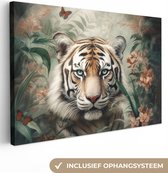 Canvas Schilderij Tijger - Vlinders - Dieren - Jungle - Bloemen - 60x40 cm - Wanddecoratie