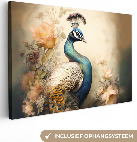 Peinture sur toile Paon - Plumes de paon - Fleurs - Vogels - Botanique - 150x100 cm - Décoration murale