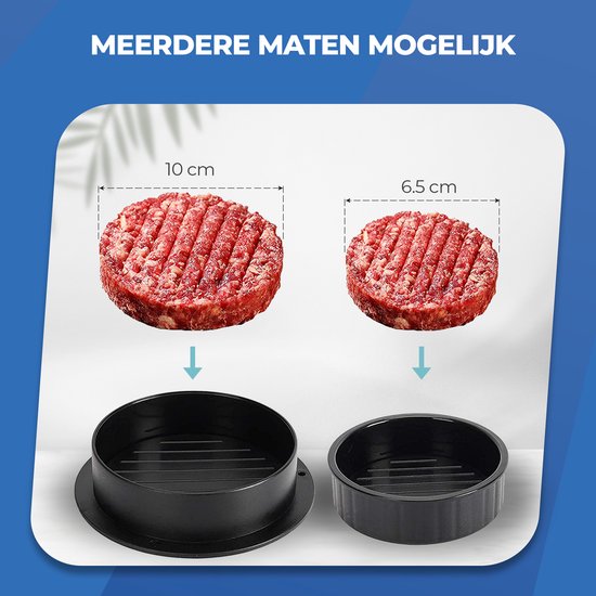 Twee rauwe hamburgers van 10 cm en 6,5 cm boven een bijpassende zwarte hamburgerpers.