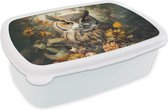 Broodtrommel Wit - Lunchbox - Brooddoos - Uil - Vogels - Bloemen - Natuur - 18x12x6 cm - Volwassenen