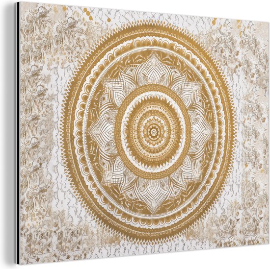 Wanddecoratie Metaal - Aluminium Schilderij Industrieel - Mandala - Bloemen - Goud - Wit - Design - 80x60 cm - Dibond - Foto op aluminium - Industriële muurdecoratie - Voor de woonkamer/slaapkamer