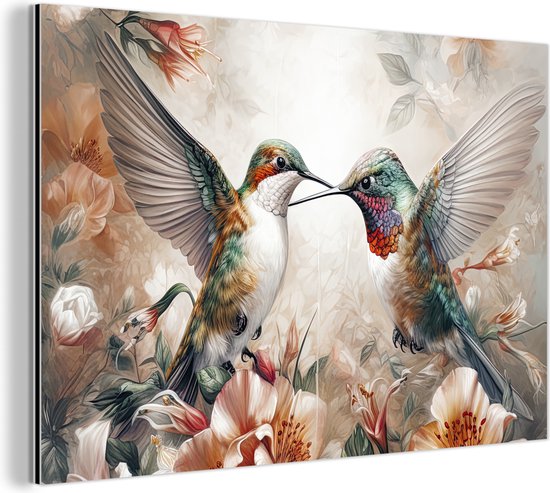 Wanddecoratie Metaal - Aluminium Schilderij Industrieel - Kolibrie - Vogels - Bloemen - Natuur - 90x60 cm - Dibond - Foto op aluminium - Industriële muurdecoratie - Voor de woonkamer/slaapkamer