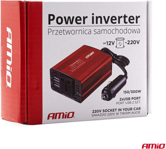 AMiO Power Inverter 12V/230V Prise allume-cigare vers Prise Rouge (2 x USB)  150W/300W | bol