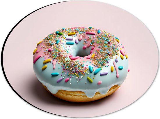 Dibond Ovaal - Donut met Blauwe Glazuur met Sprinkles tegen Lichroze Achtergrond - 28x21 cm Foto op Ovaal (Met Ophangsysteem)