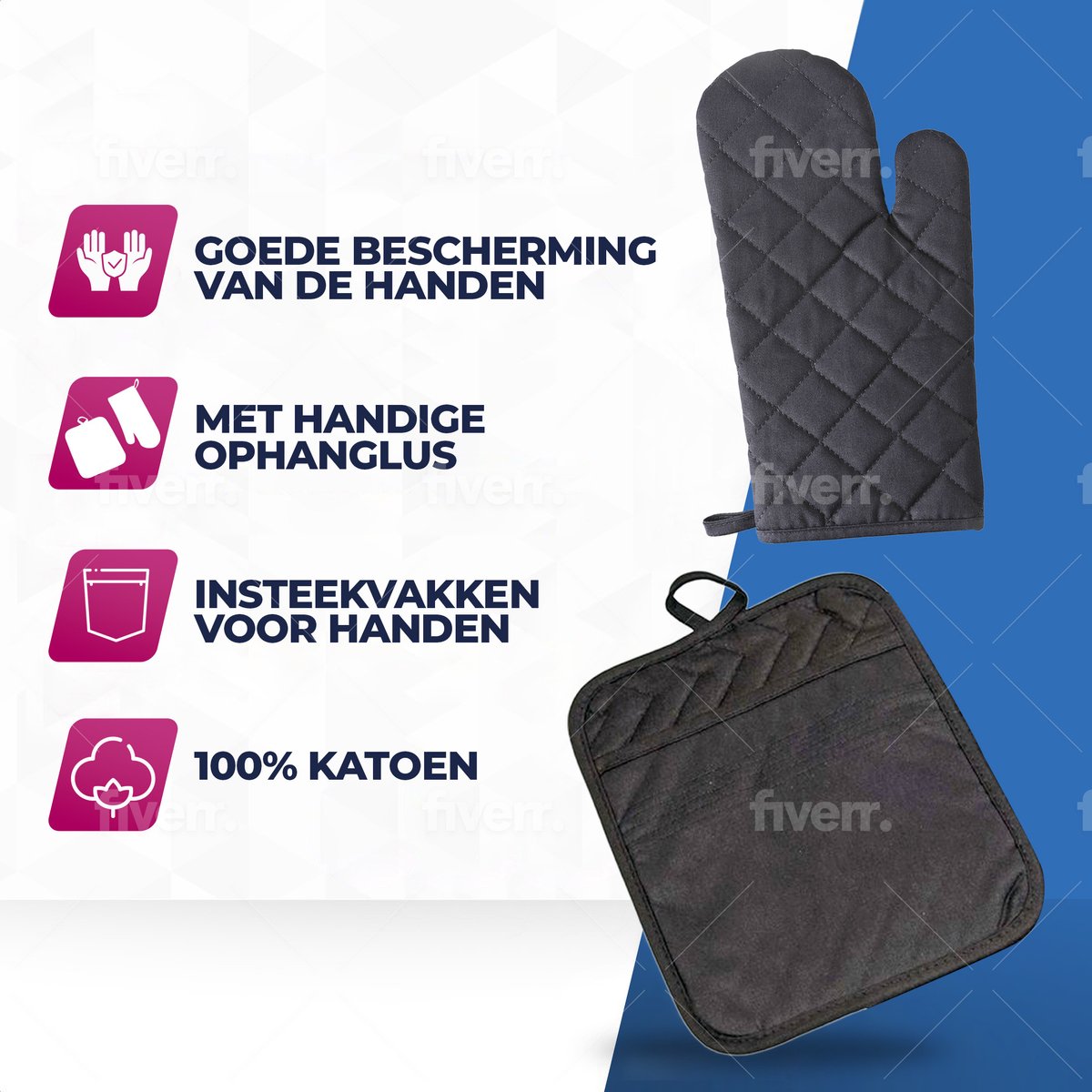 Benza Ovenwanten & Pannenlappen Set – Zwart, Gevoerd, Met Ophanglus (2 Handschoenen + 2 Lapjes)