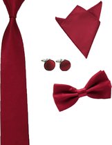 Sorprese - Luxe set stropdas inclusief vlinderstrik pochette en manchetknopen - Bordeaux rood