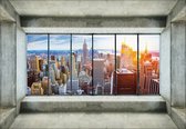 Fotobehang - Vlies Behang - 3D Uitzicht op de Skyline van New York Stad door de Ramen - 254 x 184 cm