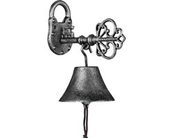 tuinbel gietijzer - antiek design - sleutel - bel met klepel - voordeur - zwart/zilver