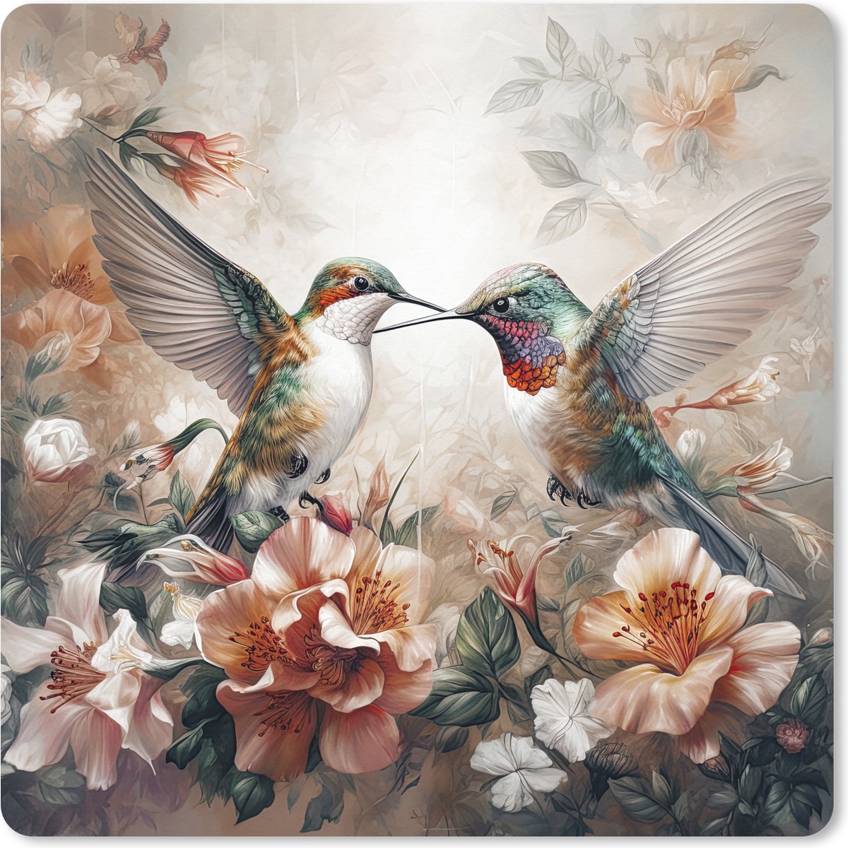 Muismat XXL 40x40 cm - Bureau onderlegger - Bureau mat Kolibrie - Vogels - Bloemen - Natuur - Bureaumat - Gaming mousepad xl - Bureaulegger groot - Computer deskmat