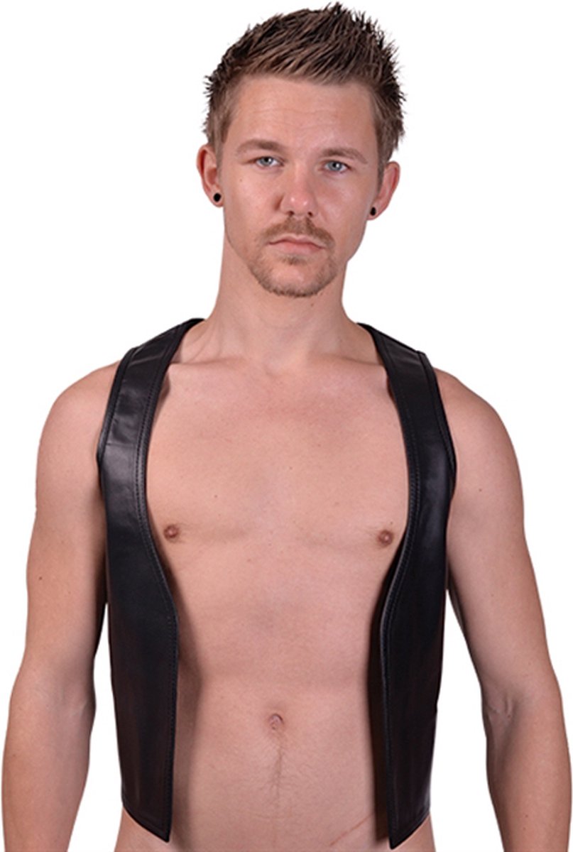Mister B - Leren Muscle vest - Zwart - Met rode bies -Medium