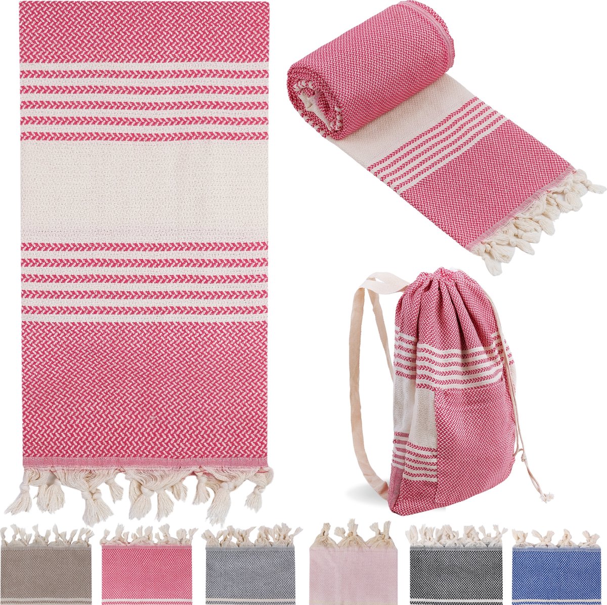 Combi Hamamdoek met Strandtas Fuchsia Strandlaken %100 Katoen XL 100x180cm Reishanddoek Beachbag Grote Tas Schoudertas Zwemtas Badlaken Groot Douchelaken Pestemal Fouta Pareo Yoga