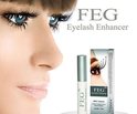 Profiel van een vrouw met lange, volle wimpers. FEG Eyelash Enhancer product.