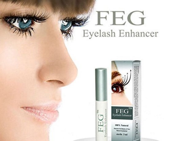 Profiel van een vrouw met lange, volle wimpers. FEG Eyelash Enhancer product.