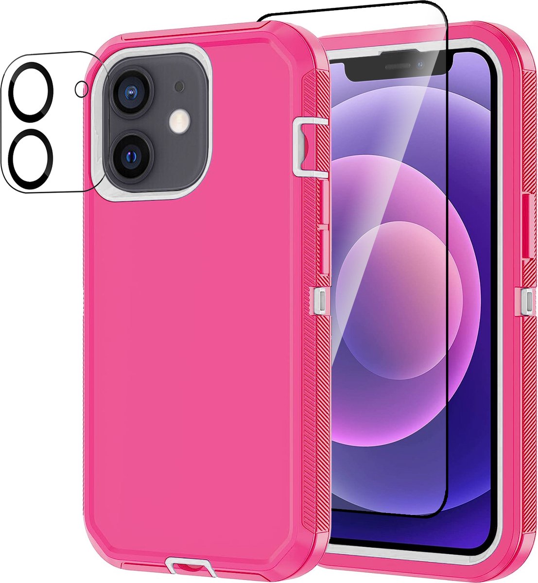 Stravo Heavy Duty iPhone 12 case met Screen Protector en Lens Protector - Roze - Dustproof shockproof telefoonhoes cover bestaande uit 3 lagen inclusief schermbeschermer en lensbeschermer - Geschikt voor Apple iPhone 12