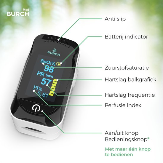 BURCH Med® - Pro Saturatiemeter zuurstofmeter vinger - Saturatiemeters met hartslagmeter & oximeter - Saturatiemeter best getest - CE/FAGG saturatiemeter medisch goedgekeurd - WIT- NL FR EN - Koord Tasje Batterijen