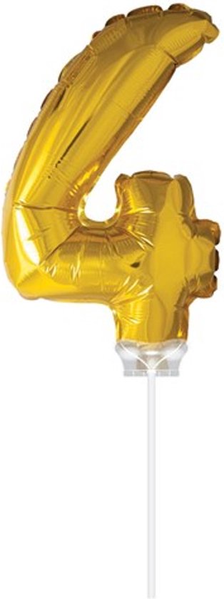 Gouden cijferballon '4' op een stokje, op witte achtergrond.