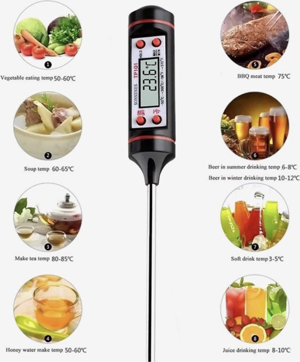digitale vleesthermometer 300 graden - kernthermometer - bbq thermometer - bbq accesoires - suikerthermometer - thermometer koken - oventhermometer - draadloos - Merkloos