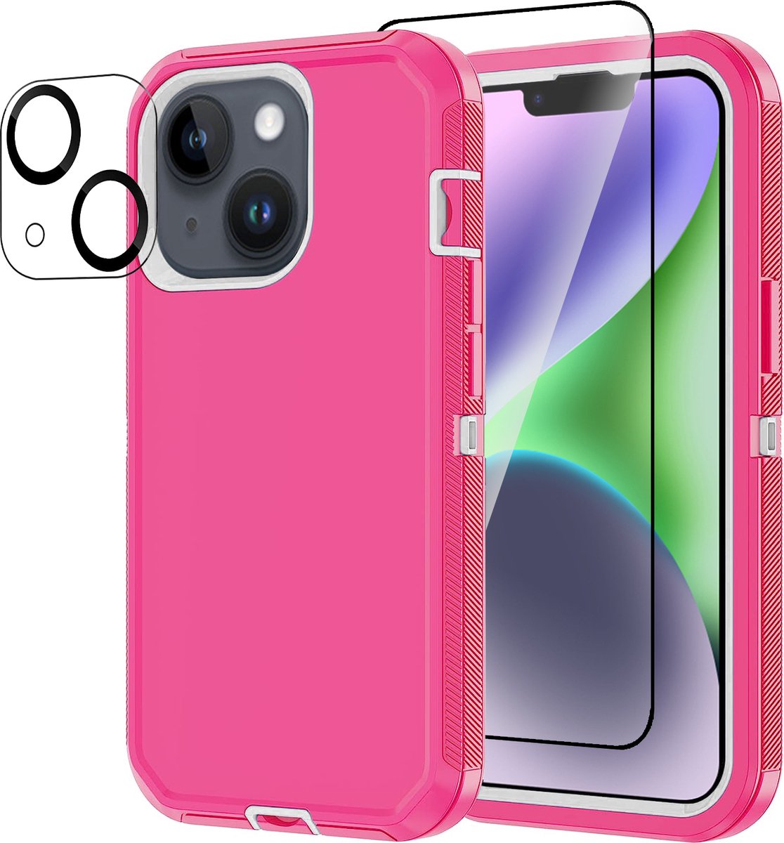 Stravo Heavy Duty iPhone 14 case met Screen Protector en Lens Protector - Roze - Dustproof shockproof telefoonhoes cover bestaande uit 3 lagen inclusief schermbeschermer en lensbeschermer - Geschikt voor Apple iPhone 14
