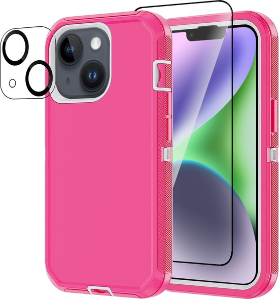 Foto: Heavy duty iphone 14 case met screen protector en lens protector roze dustproof shockproof telefoonhoes cover bestaande uit 3 lagen inclusief schermbeschermer en lensbeschermer geschikt voor apple iphone 14