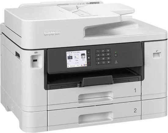 Witte Brother printer met twee papierlades, genummerd 1 en 2.